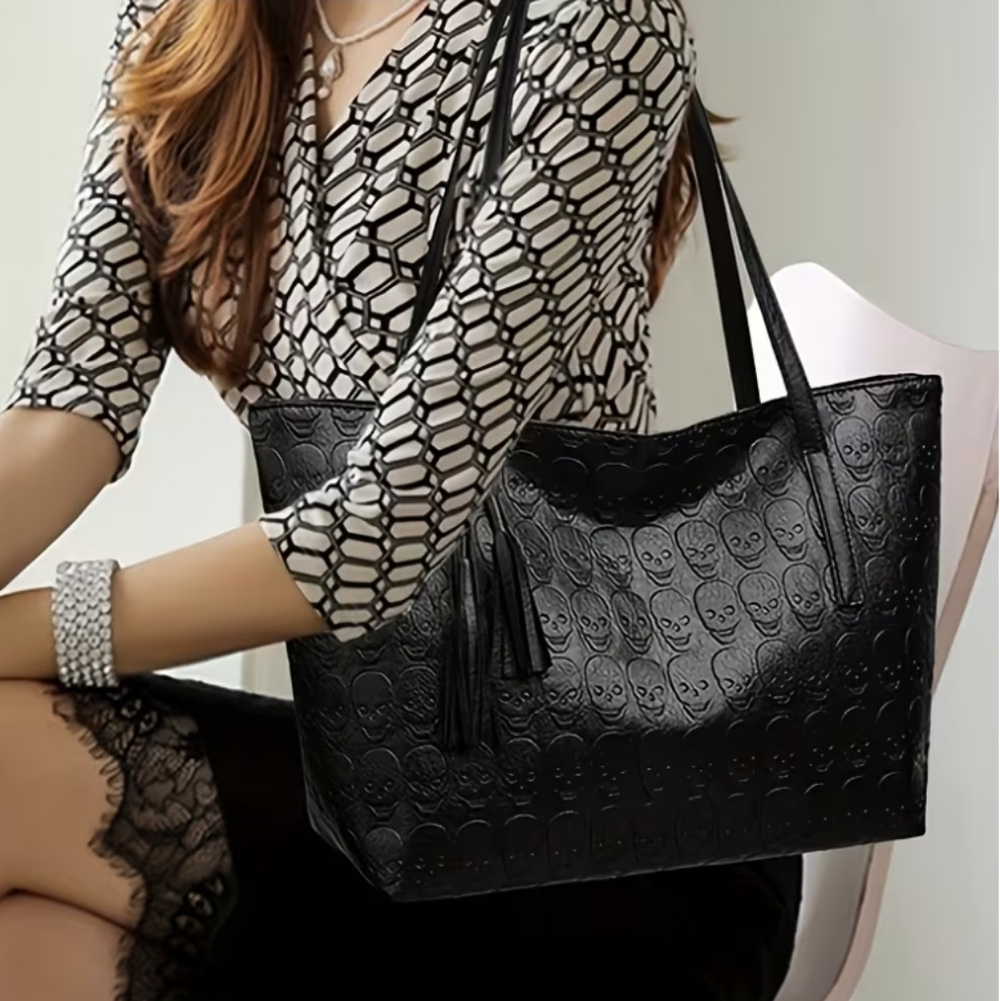 Women's PU Leather Skull Gothic Style Tasse Large Capacity Tote Shoulder Purse - Picture 3 of 10